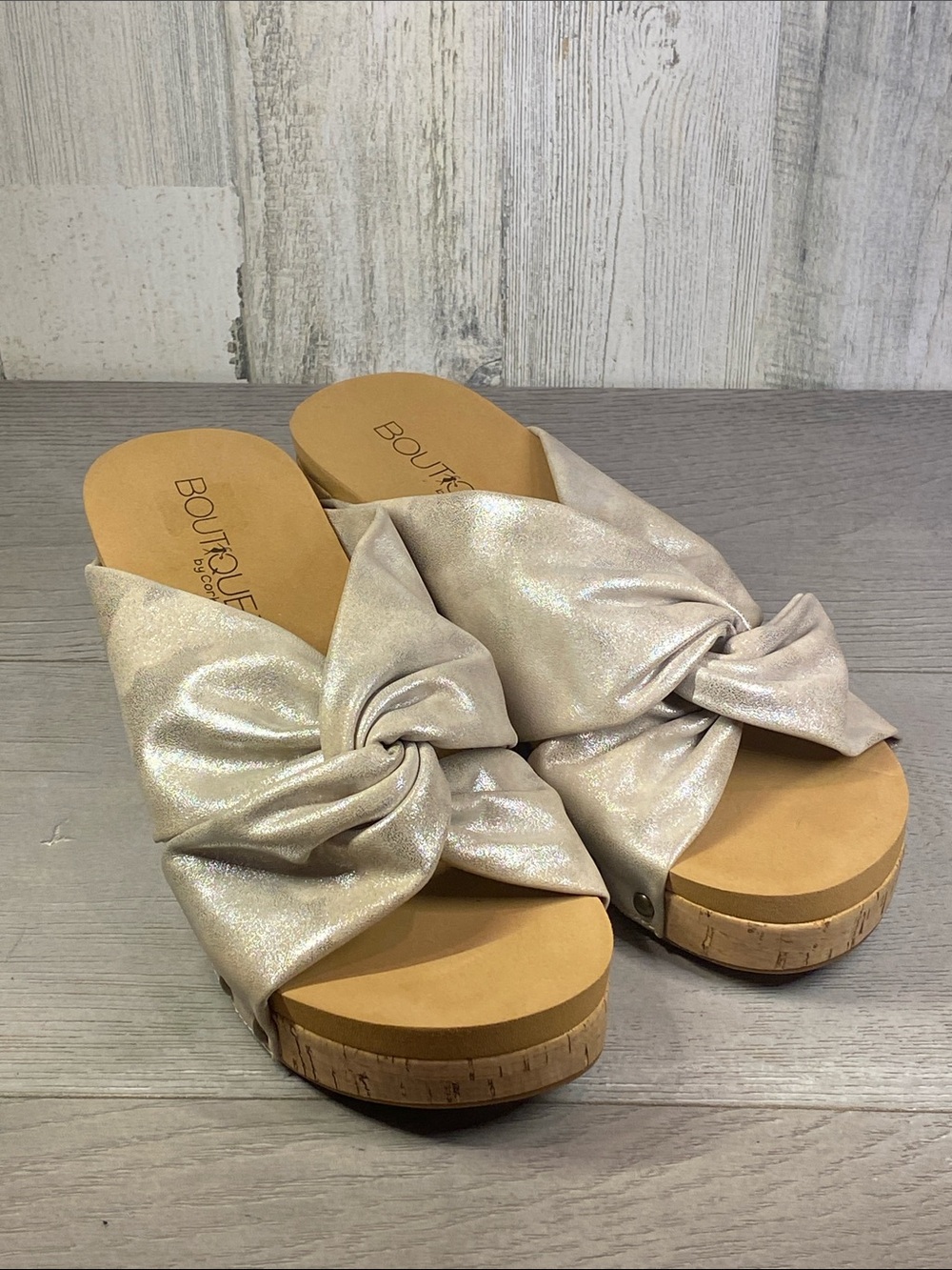 Boutique Shimmery Champagne Knot Slide Mules